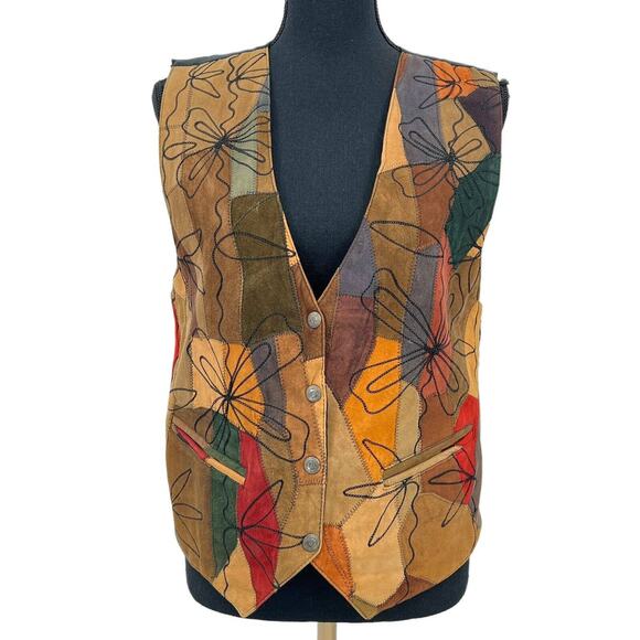 A.J. Vintage Suede Leather Patchwork Artsy Boho Embroidered Western Vest Small - Picture 1 of 10